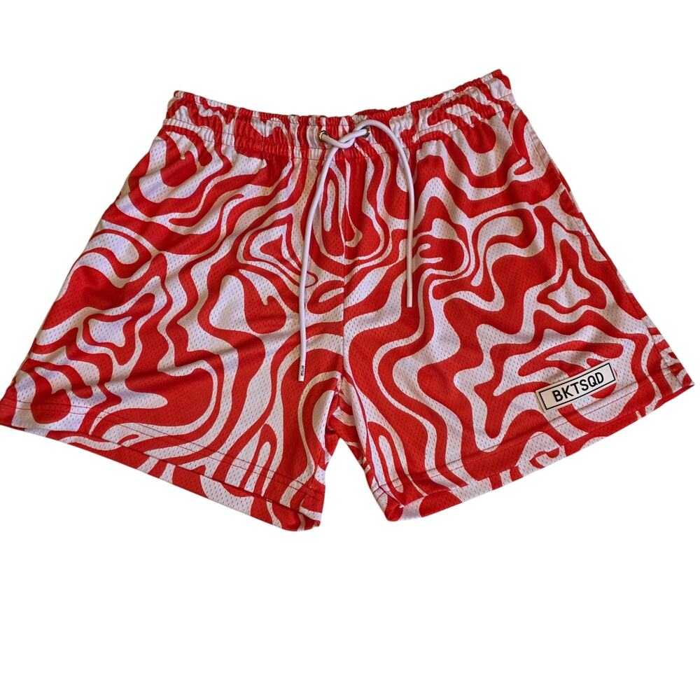 BKTSQD Red and White Swirl Mesh Basketball Shorts XXL